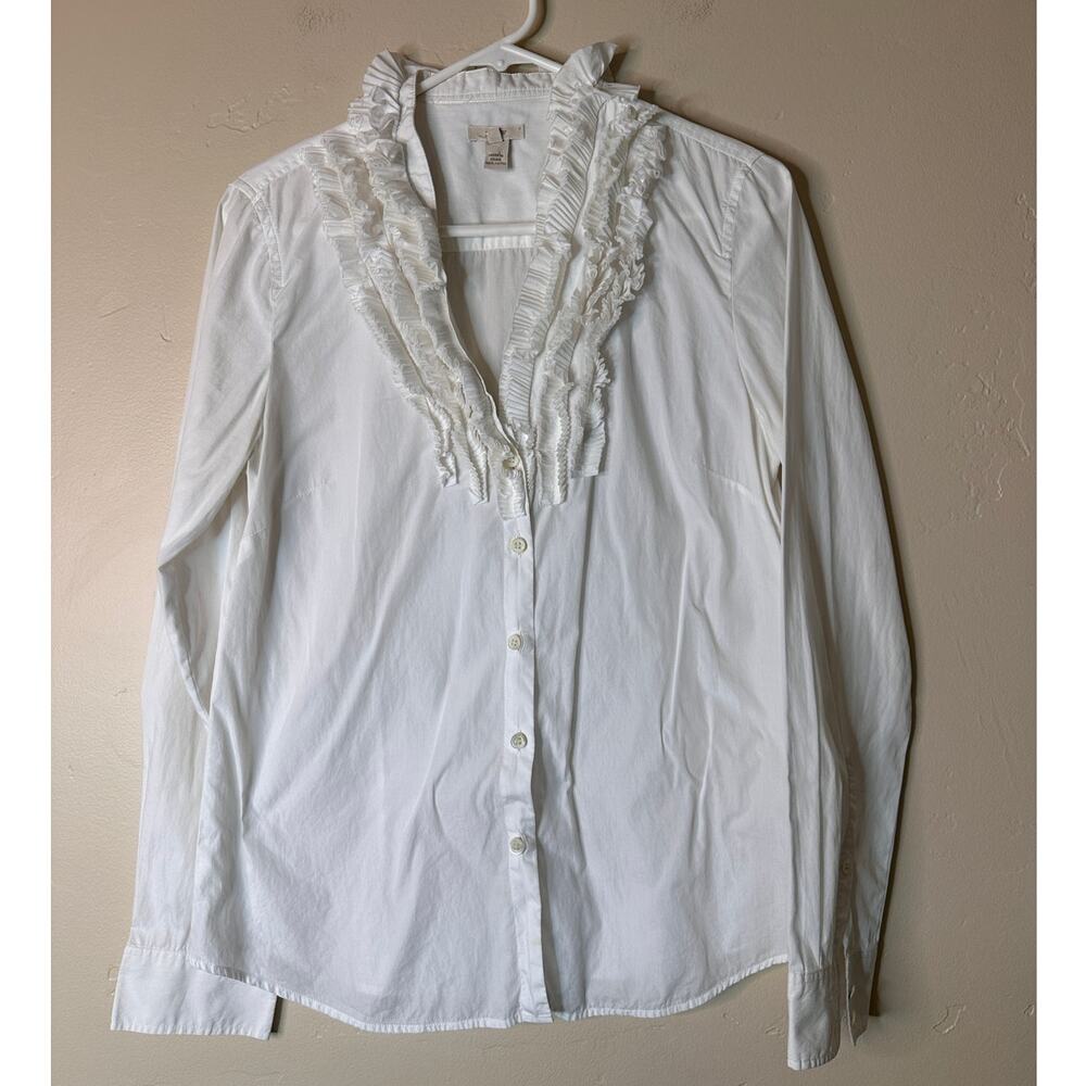 J.Crew White Long Sleeve Button Up Blouse Ruffle Accent 10